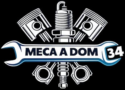 Logo Meca A Dom 34 avec clé plate, pistons et bougie d’allumage